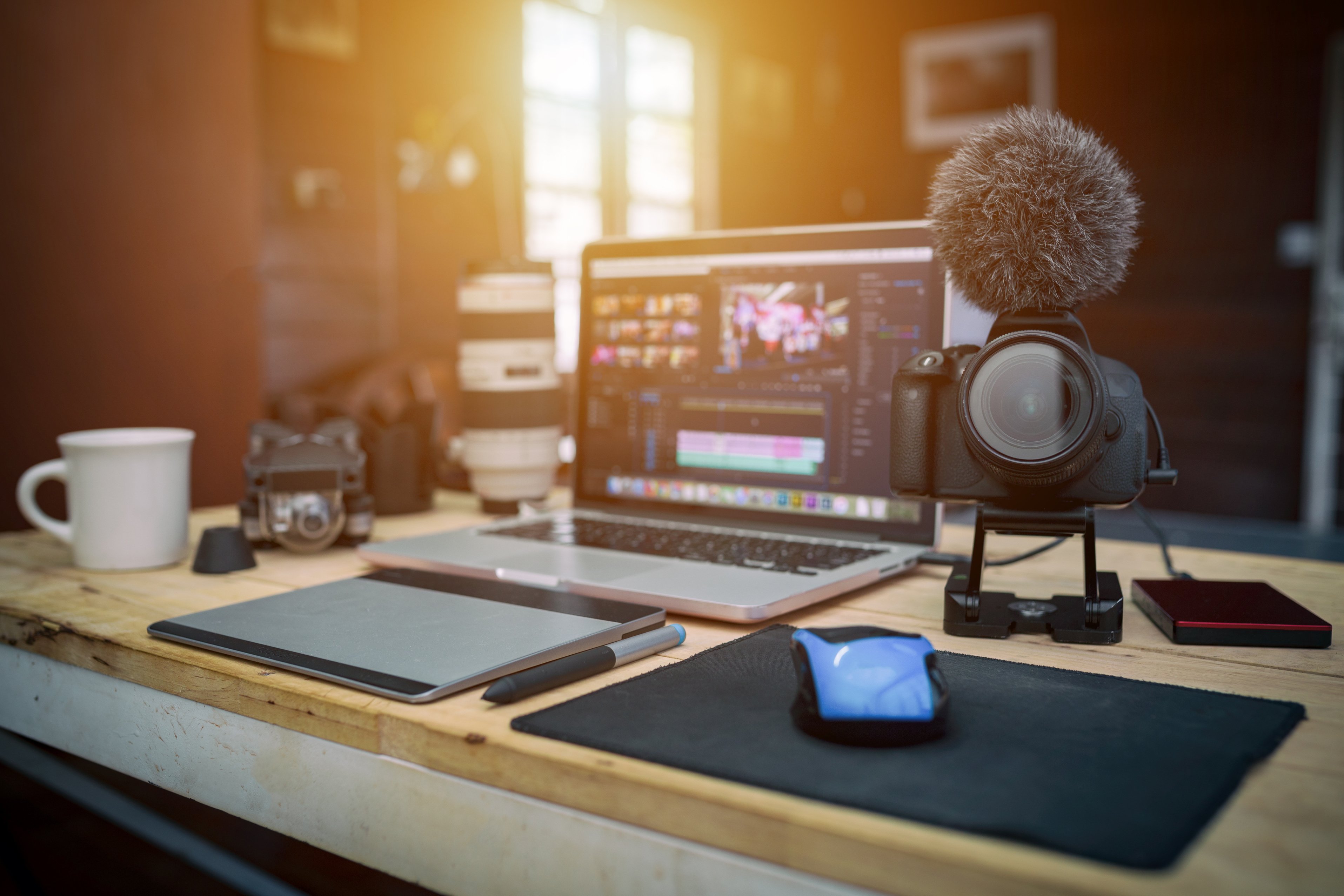 Studio office house the laptop Camera and drone gear for editor